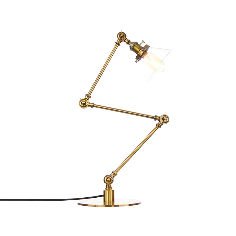 Industrial Style Conic Table Light Amber/Clear Glass and Metal 1 Light Bedroom Table Lamp with Adjustable Arm in Black/Brass Clearhalo 'Lamps' 'Table Lamps' Lighting' 261128