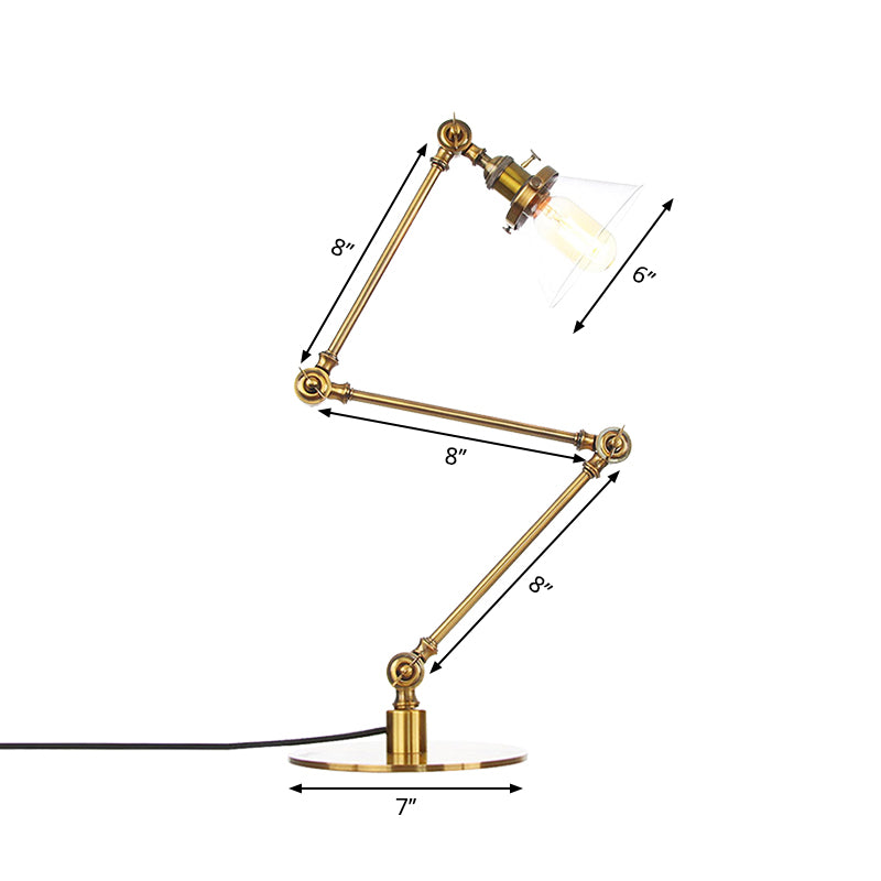 Industrial Style Conic Table Light Amber/Clear Glass and Metal 1 Light Bedroom Table Lamp with Adjustable Arm in Black/Brass Clearhalo 'Lamps' 'Table Lamps' Lighting' 261129