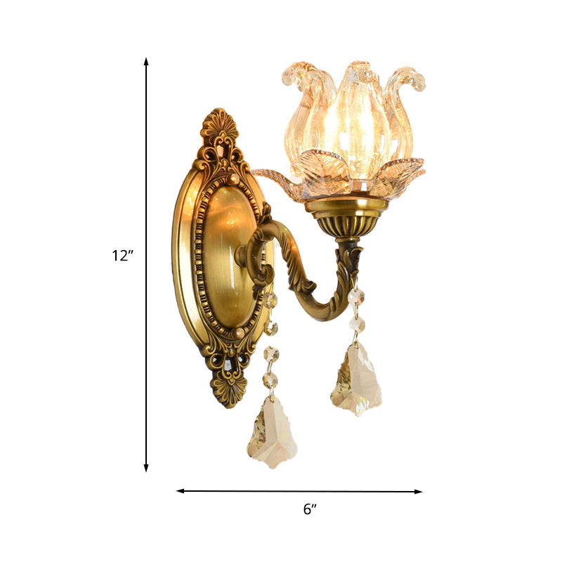 Floral Shape Wall Light Fixture Modernism Prism Glass 1/2 Heads Brass Sconce Light Clearhalo 'Cast Iron' 'Glass' 'Industrial' 'Modern wall lights' 'Modern' 'Tiffany' 'Traditional wall lights' 'Wall Lamps & Sconces' 'Wall Lights' Lighting' 261134