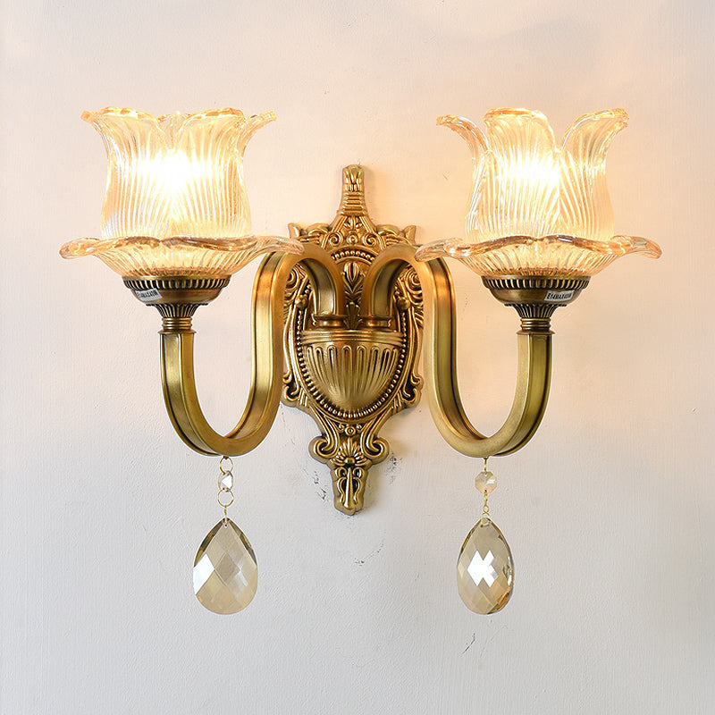 Floral Shape Wall Light Fixture Modernism Prism Glass 1/2 Heads Brass Sconce Light Clearhalo 'Cast Iron' 'Glass' 'Industrial' 'Modern wall lights' 'Modern' 'Tiffany' 'Traditional wall lights' 'Wall Lamps & Sconces' 'Wall Lights' Lighting' 261135