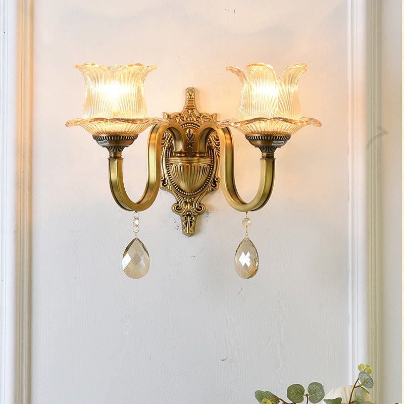 Floral Shape Wall Light Fixture Modernism Prism Glass 1/2 Heads Brass Sconce Light Clearhalo 'Cast Iron' 'Glass' 'Industrial' 'Modern wall lights' 'Modern' 'Tiffany' 'Traditional wall lights' 'Wall Lamps & Sconces' 'Wall Lights' Lighting' 261136