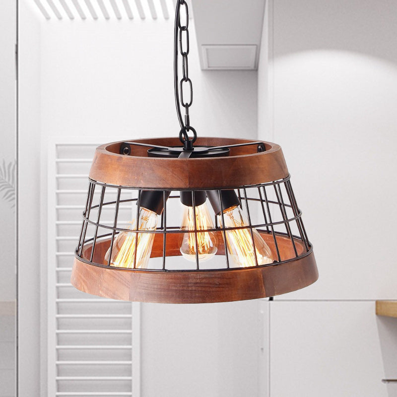 3 Lights Drum Ceiling Pendant Vintage Wood Metal Chandelier Lighting with Cage Clearhalo 'Ceiling Lights' 'Chandeliers' Lighting' options 261146