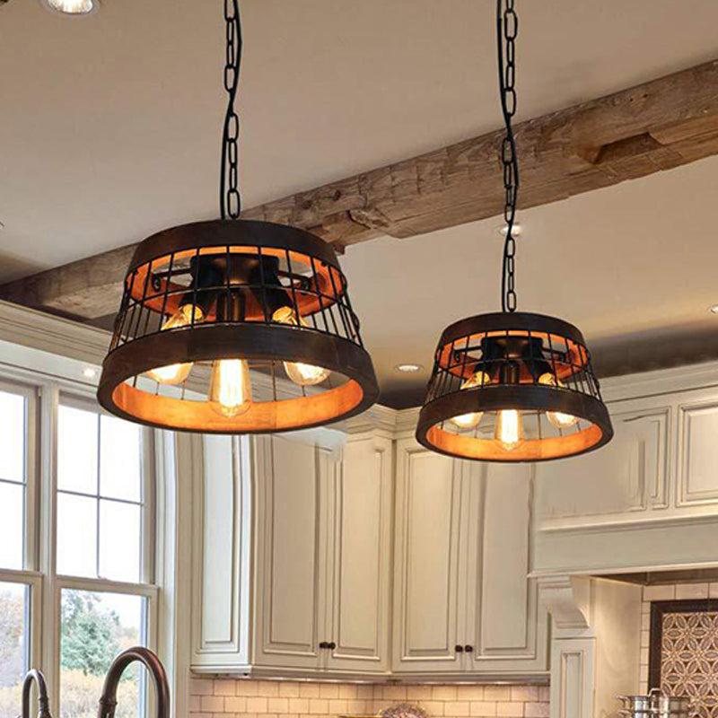 3 Lights Drum Ceiling Pendant Vintage Wood Metal Chandelier Lighting with Cage Clearhalo 'Ceiling Lights' 'Chandeliers' Lighting' options 261147