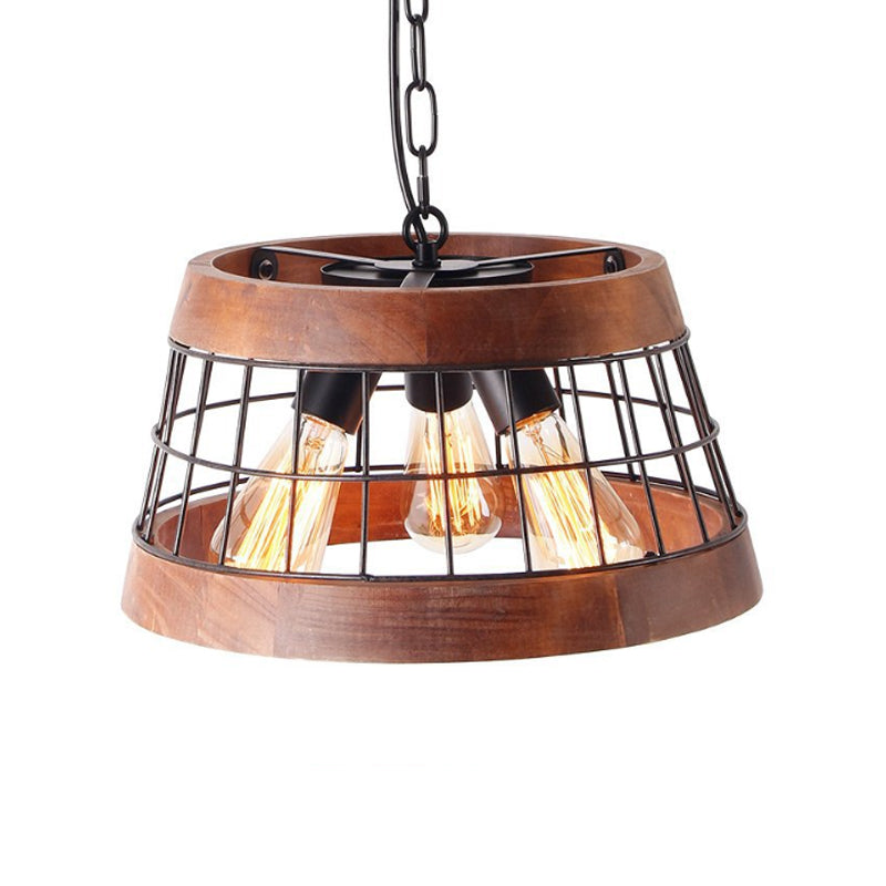 3 Lights Drum Ceiling Pendant Vintage Wood Metal Chandelier Lighting with Cage Clearhalo 'Ceiling Lights' 'Chandeliers' Lighting' options 261149