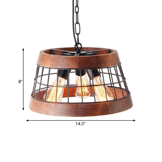 3 Lights Drum Ceiling Pendant Vintage Wood Metal Chandelier Lighting with Cage Clearhalo 'Ceiling Lights' 'Chandeliers' Lighting' options 261150