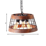 3 Lights Drum Ceiling Pendant Vintage Wood Metal Chandelier Lighting with Cage Clearhalo 'Ceiling Lights' 'Chandeliers' Lighting' options 261150