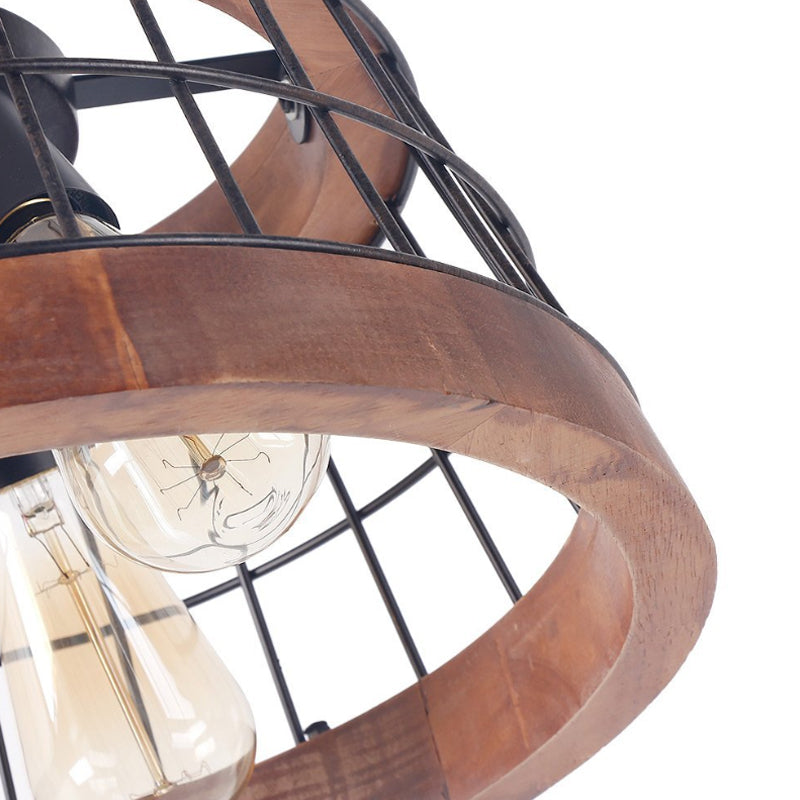 3 Lights Drum Ceiling Pendant Vintage Wood Metal Chandelier Lighting with Cage Clearhalo 'Ceiling Lights' 'Chandeliers' Lighting' options 261151