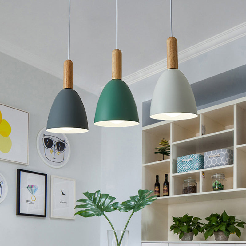 Metal Dome Shade Hanging Light Living Room 3 Light Macaroon Solid Wood Lighting Fixture Pendant Clearhalo 'Ceiling Lights' 'Pendant Lights' 'Pendants' Lighting' 2611773