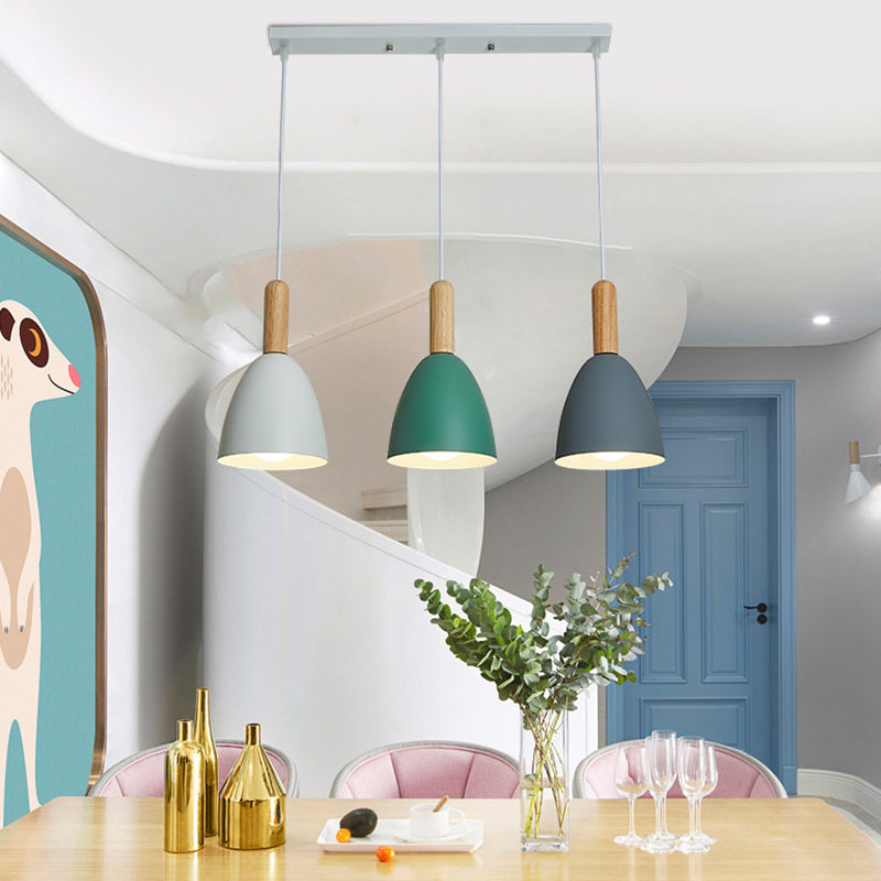 Metal Dome Shade Hanging Light Living Room 3 Light Macaroon Solid Wood Lighting Fixture Pendant Clearhalo 'Ceiling Lights' 'Pendant Lights' 'Pendants' Lighting' 2611774