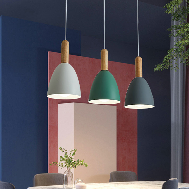 Metal Dome Shade Hanging Light Living Room 3 Light Macaroon Solid Wood Lighting Fixture Pendant Clearhalo 'Ceiling Lights' 'Pendant Lights' 'Pendants' Lighting' 2611775