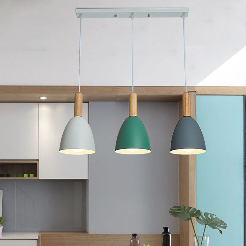 Metal Dome Shade Hanging Light Living Room 3 Light Macaroon Solid Wood Lighting Fixture Pendant White-Grey-Green Clearhalo 'Ceiling Lights' 'Pendant Lights' 'Pendants' Lighting' 2611776