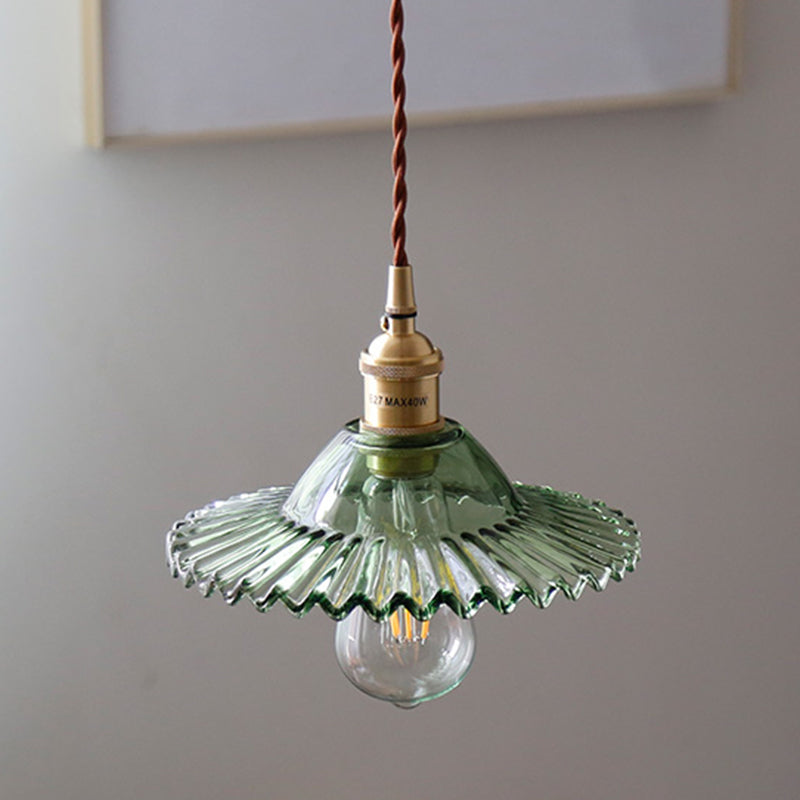 8.66'' Width Brass Pendant Light Industrial Scalloped Glass Shade Mini Hanging Lamp for Coffee Shop Clearhalo 'Ceiling Lights' 'Pendant Lights' 'Pendants' Lighting' 2611789