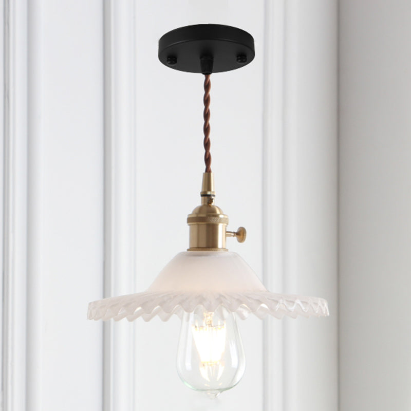 8.66'' Width Brass Pendant Light Industrial Scalloped Glass Shade Mini Hanging Lamp for Coffee Shop Black White Clearhalo 'Ceiling Lights' 'Pendant Lights' 'Pendants' Lighting' 2611790