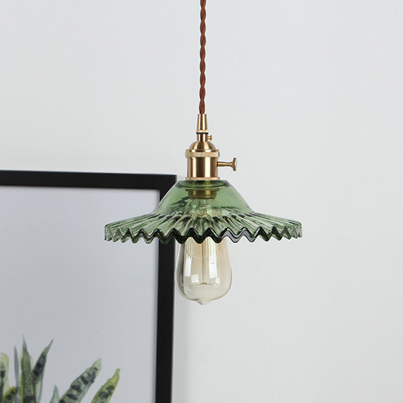 8.66'' Width Brass Pendant Light Industrial Scalloped Glass Shade Mini Hanging Lamp for Coffee Shop Clearhalo 'Ceiling Lights' 'Pendant Lights' 'Pendants' Lighting' 2611792