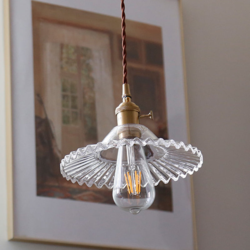 8.66'' Width Brass Pendant Light Industrial Scalloped Glass Shade Mini Hanging Lamp for Coffee Shop Clearhalo 'Ceiling Lights' 'Pendant Lights' 'Pendants' Lighting' 2611794