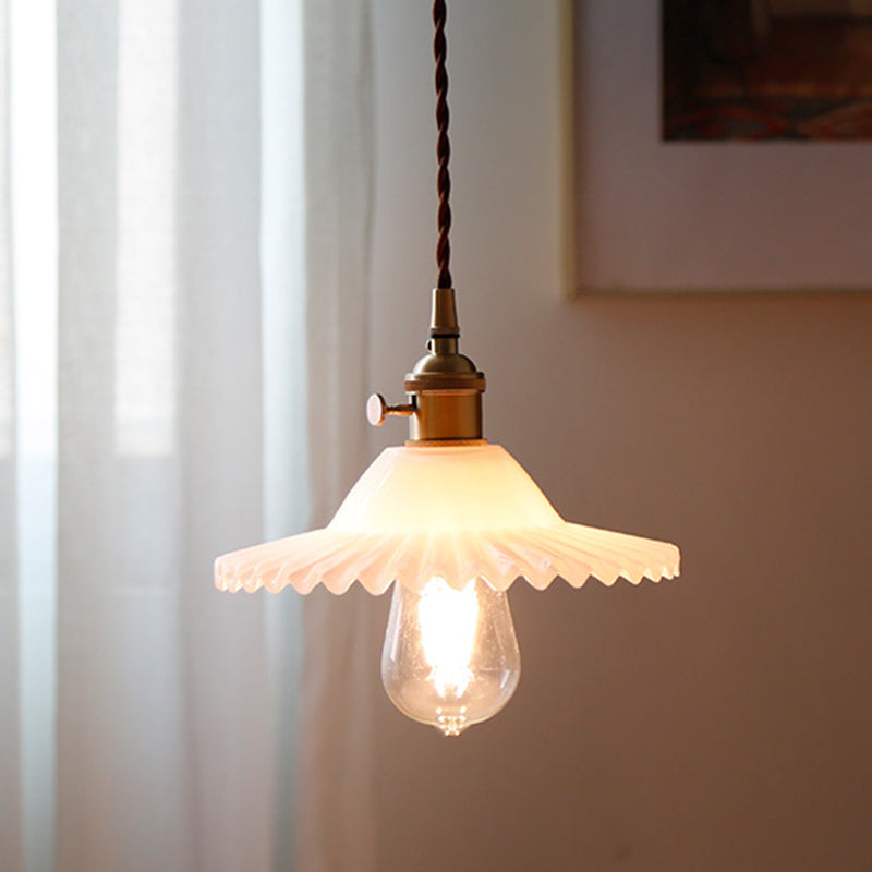 8.66'' Width Brass Pendant Light Industrial Scalloped Glass Shade Mini Hanging Lamp for Coffee Shop Clearhalo 'Ceiling Lights' 'Pendant Lights' 'Pendants' Lighting' 2611796