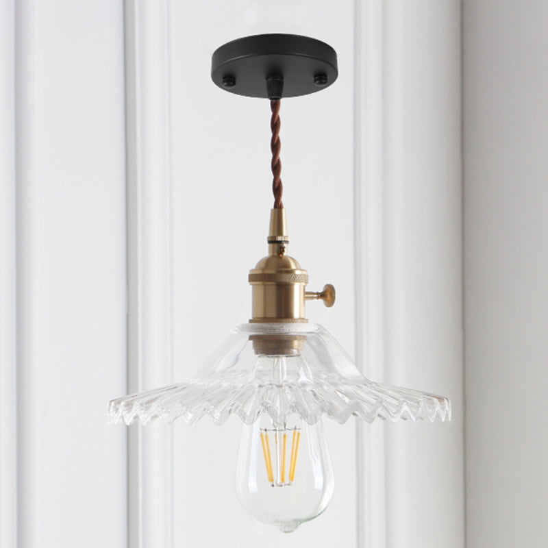 8.66'' Width Brass Pendant Light Industrial Scalloped Glass Shade Mini Hanging Lamp for Coffee Shop Black Clear Clearhalo 'Ceiling Lights' 'Pendant Lights' 'Pendants' Lighting' 2611798