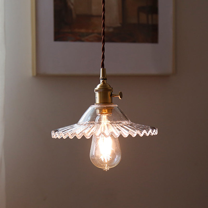 8.66'' Width Brass Pendant Light Industrial Scalloped Glass Shade Mini Hanging Lamp for Coffee Shop Clearhalo 'Ceiling Lights' 'Pendant Lights' 'Pendants' Lighting' 2611800