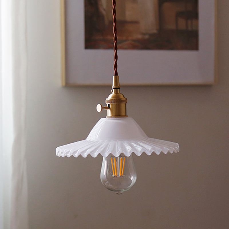 8.66'' Width Brass Pendant Light Industrial Scalloped Glass Shade Mini Hanging Lamp for Coffee Shop Clearhalo 'Ceiling Lights' 'Pendant Lights' 'Pendants' Lighting' 2611802