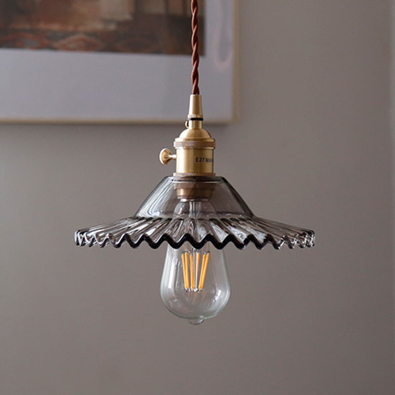 8.66'' Width Brass Pendant Light Industrial Scalloped Glass Shade Mini Hanging Lamp for Coffee Shop Clearhalo 'Ceiling Lights' 'Pendant Lights' 'Pendants' Lighting' 2611804