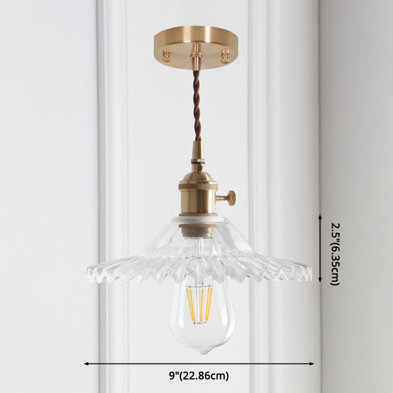 8.66'' Width Brass Pendant Light Industrial Scalloped Glass Shade Mini Hanging Lamp for Coffee Shop Clearhalo 'Ceiling Lights' 'Pendant Lights' 'Pendants' Lighting' 2611809