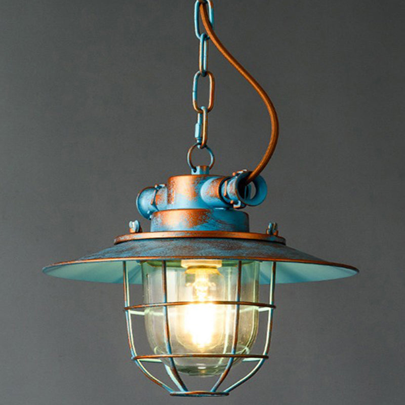 Industrial Iron Cage Hanging Light Copper Patina 1 Light Suspension Light with Adjustable Chain Blue Clearhalo 'Ceiling Lights' 'Pendant Lights' 'Pendants' Lighting' 2611849