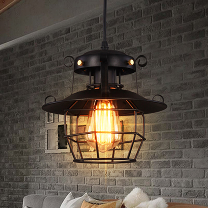 Black Wrought Iron Wire Cage Pendant Light Industrial Style 1-Light Hanging Ceiling Lamp with 39" Adjustable Cord Clearhalo 'Ceiling Lights' 'Pendant Lights' 'Pendants' Lighting' 2611858