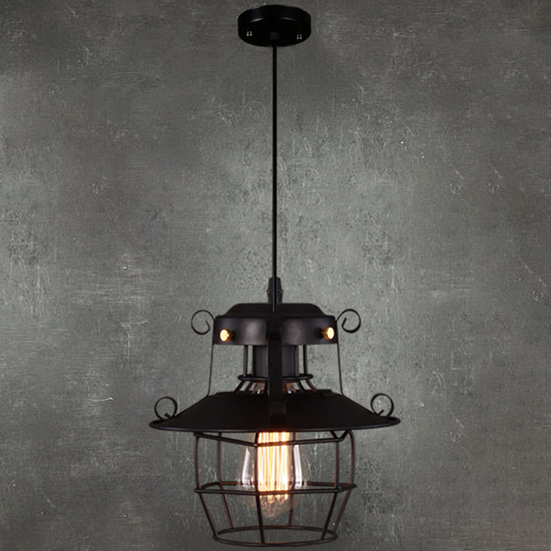 Black Wrought Iron Wire Cage Pendant Light Industrial Style 1-Light Hanging Ceiling Lamp with 39" Adjustable Cord Black Clearhalo 'Ceiling Lights' 'Pendant Lights' 'Pendants' Lighting' 2611859