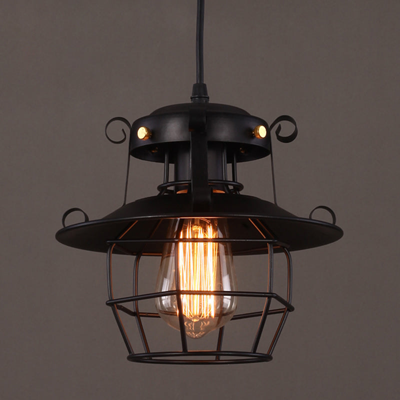 Black Wrought Iron Wire Cage Pendant Light Industrial Style 1-Light Hanging Ceiling Lamp with 39" Adjustable Cord Clearhalo 'Ceiling Lights' 'Pendant Lights' 'Pendants' Lighting' 2611860