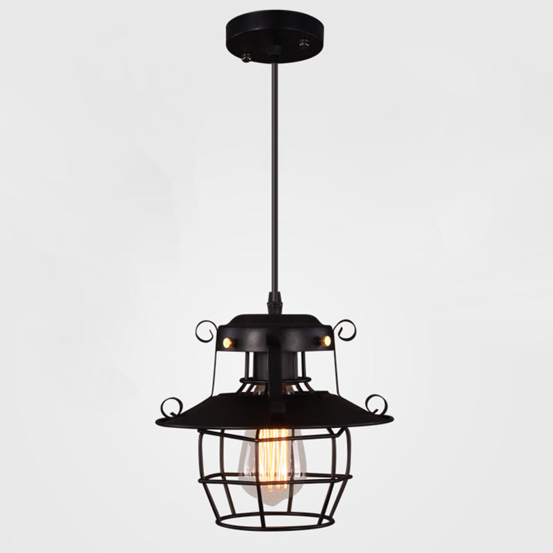 Black Wrought Iron Wire Cage Pendant Light Industrial Style 1-Light Hanging Ceiling Lamp with 39" Adjustable Cord Clearhalo 'Ceiling Lights' 'Pendant Lights' 'Pendants' Lighting' 2611863