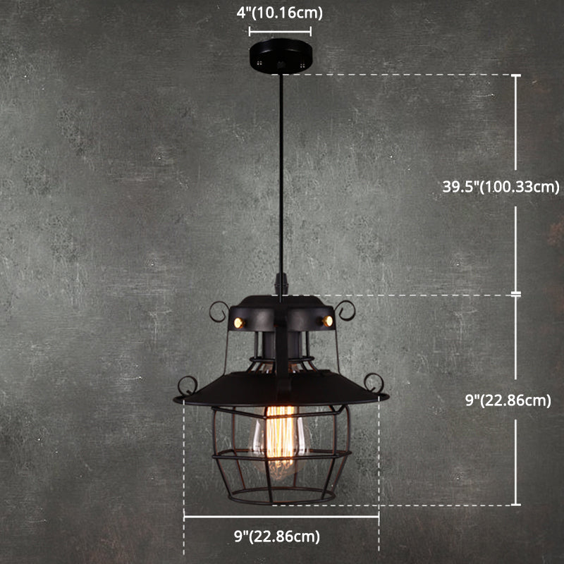 Black Wrought Iron Wire Cage Pendant Light Industrial Style 1-Light Hanging Ceiling Lamp with 39" Adjustable Cord Clearhalo 'Ceiling Lights' 'Pendant Lights' 'Pendants' Lighting' 2611864