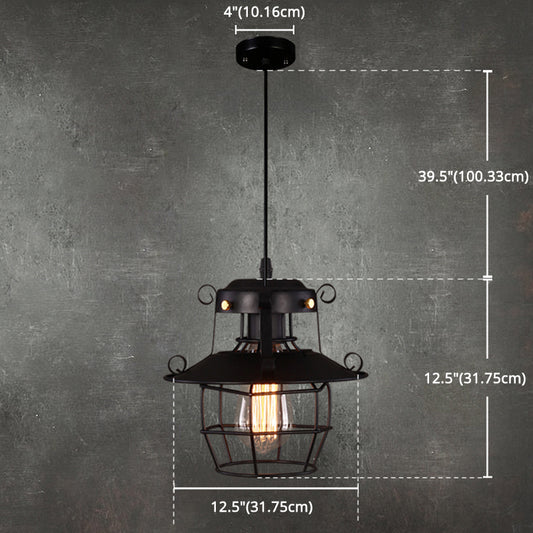 Black Wrought Iron Wire Cage Pendant Light Industrial Style 1-Light Hanging Ceiling Lamp with 39" Adjustable Cord Clearhalo 'Ceiling Lights' 'Pendant Lights' 'Pendants' Lighting' 2611865