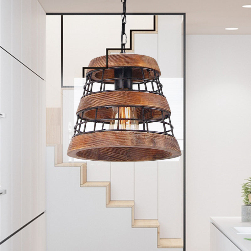 Brown Barrel Pendant Lamp Vintage Wood 1 Light Dining Room Hanging Ceiling Light with Metal Cage Clearhalo 'Ceiling Lights' 'Pendant Lights' 'Pendants' Lighting' 261187