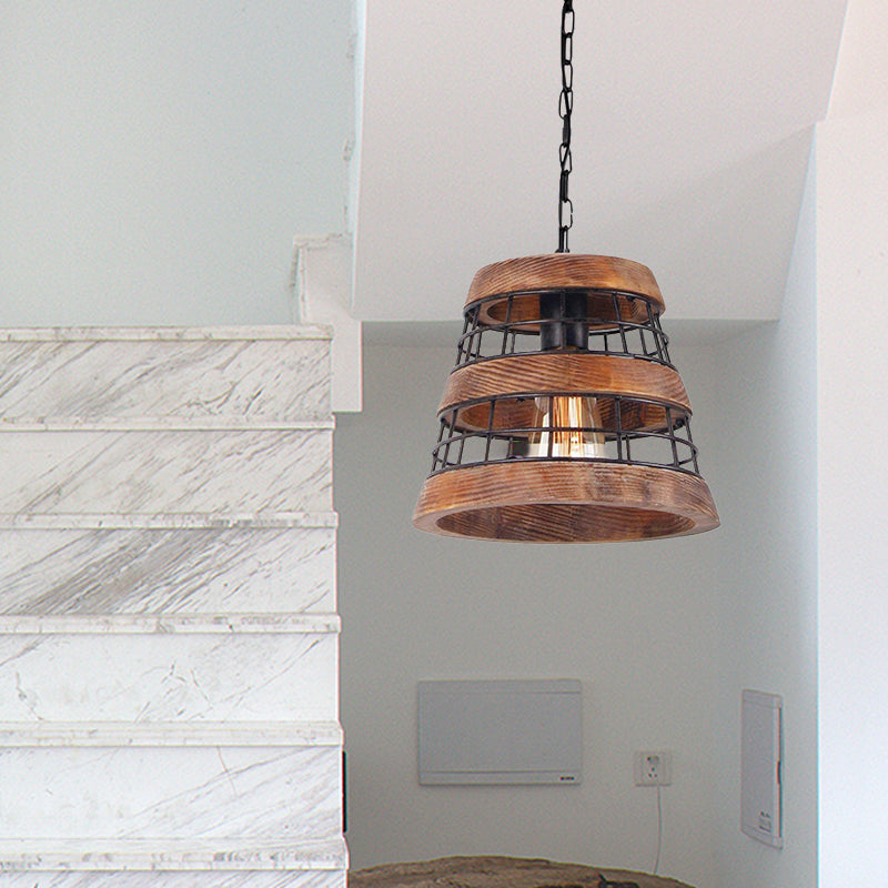 Brown Barrel Pendant Lamp Vintage Wood 1 Light Dining Room Hanging Ceiling Light with Metal Cage Clearhalo 'Ceiling Lights' 'Pendant Lights' 'Pendants' Lighting' 261188