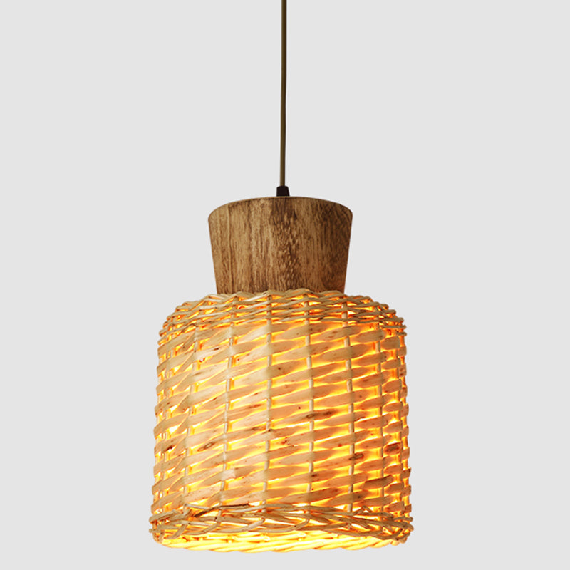 Asian Style Bamboo Weaving Pendant Light 1-Light Simplicity Wooden Hanging Lamp for Bedroom Wood Cylinder Clearhalo 'Ceiling Lights' 'Pendant Lights' 'Pendants' Lighting' 2611890