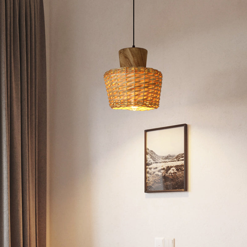 Asian Style Bamboo Weaving Pendant Light 1-Light Simplicity Wooden Hanging Lamp for Bedroom Clearhalo 'Ceiling Lights' 'Pendant Lights' 'Pendants' Lighting' 2611892