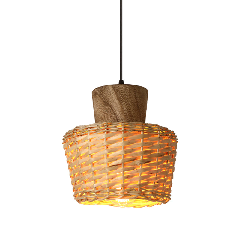 Asian Style Bamboo Weaving Pendant Light 1-Light Simplicity Wooden Hanging Lamp for Bedroom Clearhalo 'Ceiling Lights' 'Pendant Lights' 'Pendants' Lighting' 2611893