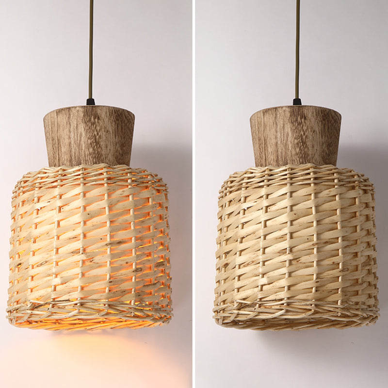 Asian Style Bamboo Weaving Pendant Light 1-Light Simplicity Wooden Hanging Lamp for Bedroom Clearhalo 'Ceiling Lights' 'Pendant Lights' 'Pendants' Lighting' 2611897