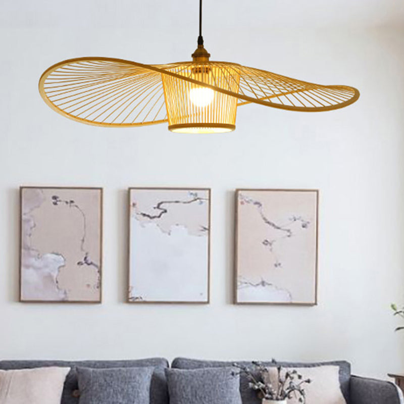 Fisherman's Hat Shaped Wooden Lighting Fixture Bamboo Weaving Drum Shade Single Light Hanging Light for Dining Room Clearhalo 'Ceiling Lights' 'Pendant Lights' 'Pendants' Lighting' 2611906