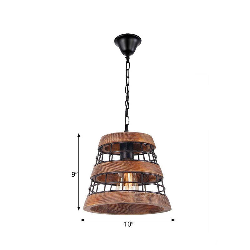 Brown Barrel Pendant Lamp Vintage Wood 1 Light Dining Room Hanging Ceiling Light with Metal Cage Clearhalo 'Ceiling Lights' 'Pendant Lights' 'Pendants' Lighting' 261191