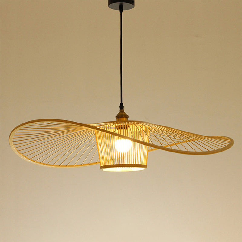 Fisherman's Hat Shaped Wooden Lighting Fixture Bamboo Weaving Drum Shade Single Light Hanging Light for Dining Room Clearhalo 'Ceiling Lights' 'Pendant Lights' 'Pendants' Lighting' 2611917