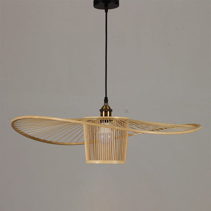 Fisherman's Hat Shaped Wooden Lighting Fixture Bamboo Weaving Drum Shade Single Light Hanging Light for Dining Room Clearhalo 'Ceiling Lights' 'Pendant Lights' 'Pendants' Lighting' 2611918