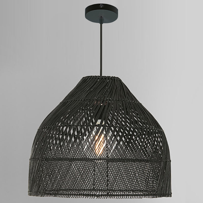 Asian Style Bedroom Hanging Light Rattan Weaving Bell Shape Pendant Lighting Fixture with 39" Hanging Wire Black Clearhalo 'Ceiling Lights' 'Pendant Lights' 'Pendants' Lighting' 2611935