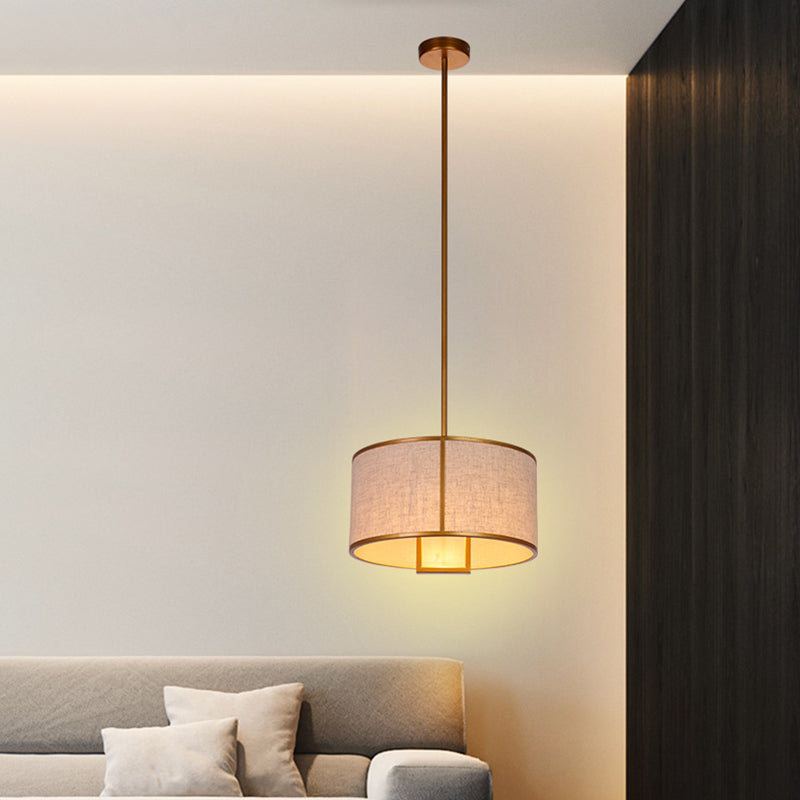 Single Light Fabric Drum Pendant Light Minimalist Living Room Hanging Light with 47" Carbon Steel Hanging Rod Clearhalo 'Ceiling Lights' 'Pendant Lights' 'Pendants' Lighting' 2611959