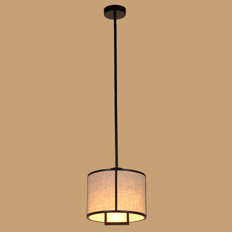 Single Light Fabric Drum Pendant Light Minimalist Living Room Hanging Light with 47" Carbon Steel Hanging Rod Black 10" Clearhalo 'Ceiling Lights' 'Pendant Lights' 'Pendants' Lighting' 2611960