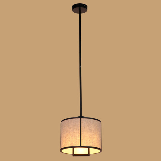 Single Light Fabric Drum Pendant Light Minimalist Living Room Hanging Light with 47" Carbon Steel Hanging Rod Black 10" Clearhalo 'Ceiling Lights' 'Pendant Lights' 'Pendants' Lighting' 2611960