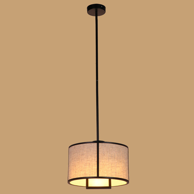 Single Light Fabric Drum Pendant Light Minimalist Living Room Hanging Light with 47" Carbon Steel Hanging Rod Black 14" Clearhalo 'Ceiling Lights' 'Pendant Lights' 'Pendants' Lighting' 2611961