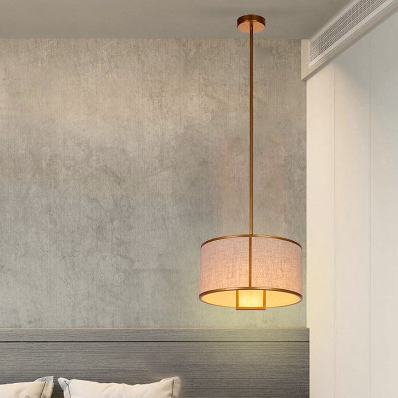 Single Light Fabric Drum Pendant Light Minimalist Living Room Hanging Light with 47" Carbon Steel Hanging Rod Clearhalo 'Ceiling Lights' 'Pendant Lights' 'Pendants' Lighting' 2611962