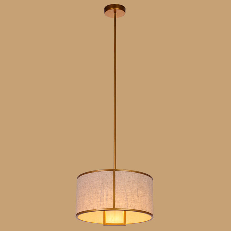 Single Light Fabric Drum Pendant Light Minimalist Living Room Hanging Light with 47" Carbon Steel Hanging Rod Bronze 14" Clearhalo 'Ceiling Lights' 'Pendant Lights' 'Pendants' Lighting' 2611963