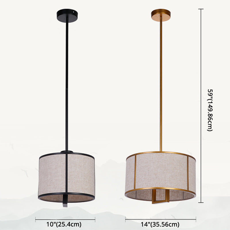 Single Light Fabric Drum Pendant Light Minimalist Living Room Hanging Light with 47" Carbon Steel Hanging Rod Clearhalo 'Ceiling Lights' 'Pendant Lights' 'Pendants' Lighting' 2611968